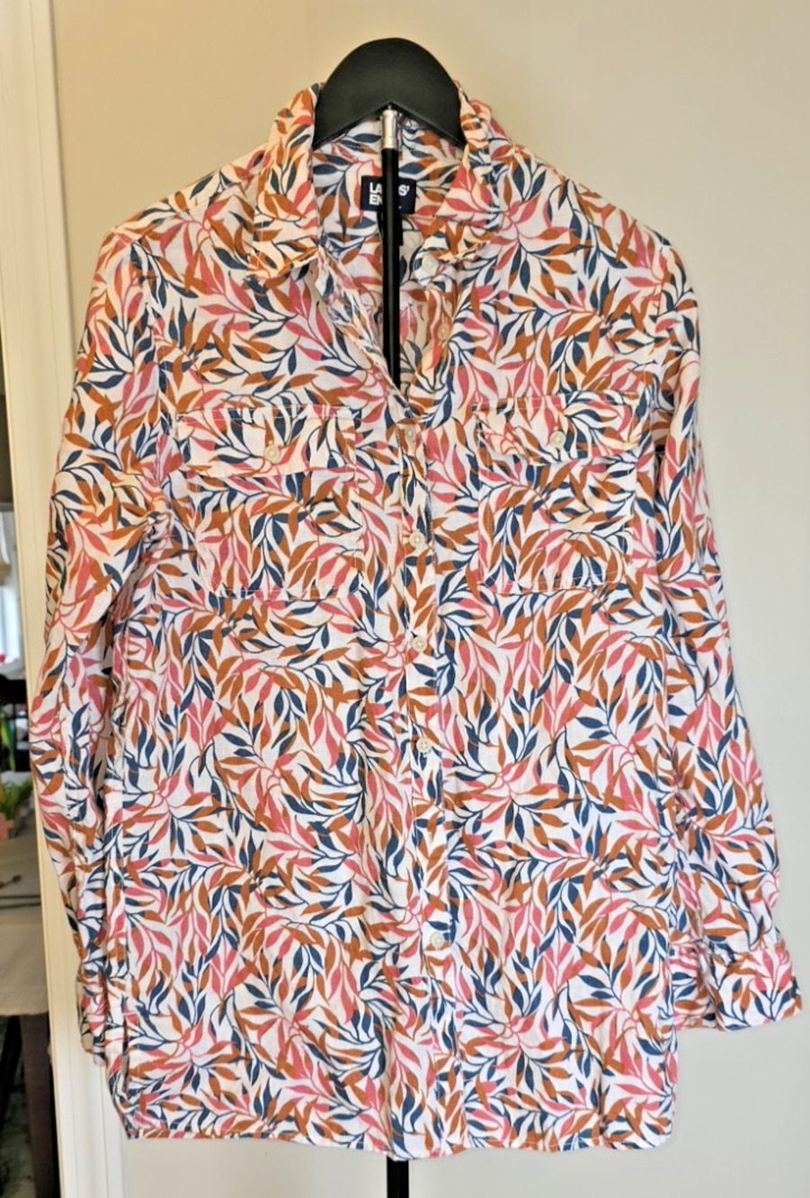 Lands End Linen Shirt Leaf Print Roll Tab Sleeve Button Up Womens M 10-12